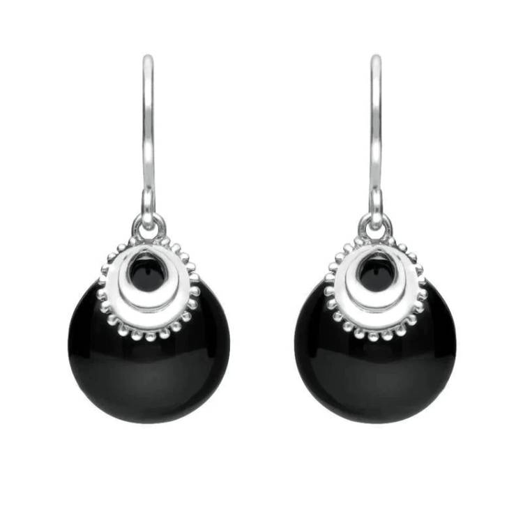 Sterling Silver Whitby Jet Button Cap Drop Earrings - Option1 Value Silver