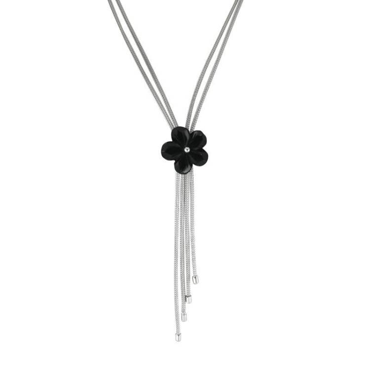 Sterling Silver Whitby Jet Carved Flower Necklace - Silver
