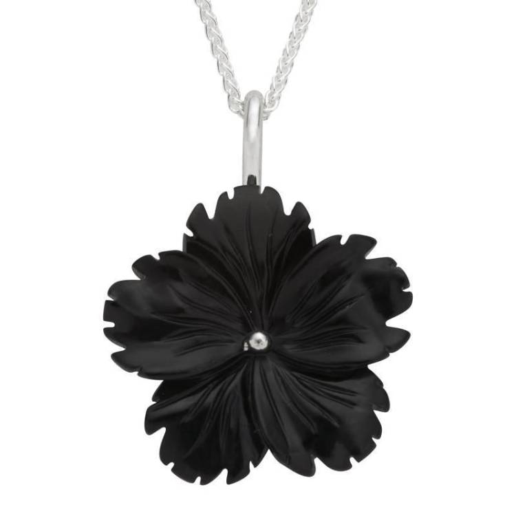 Sterling Silver Whitby Jet Tuberose 26mm Flower Necklace - Silver