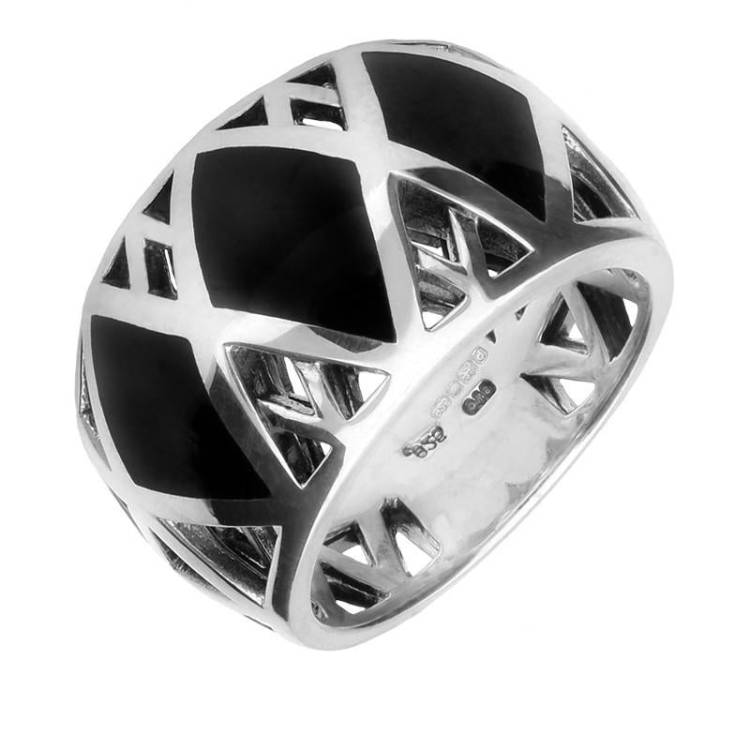 Sterling Silver Whitby Jet Curved Geometric Ring - Option1 Value Silver