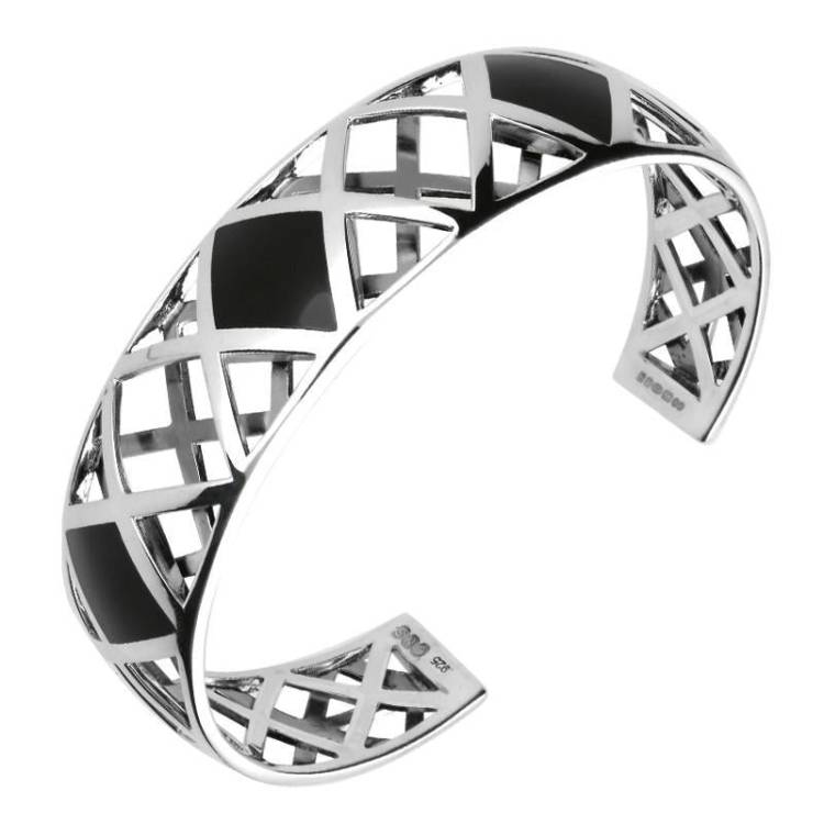 Sterling Silver Whitby Jet Curved Geometric Bangle - Option1 Value Silver