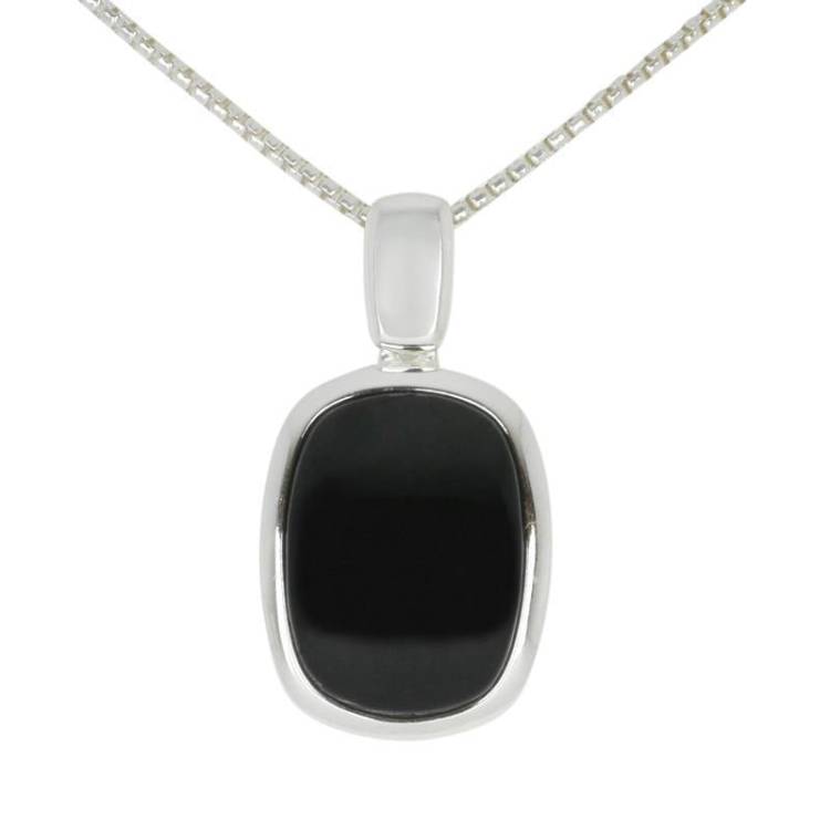 Sterling Silver Whitby Jet Curved Oblong Necklace - Silver