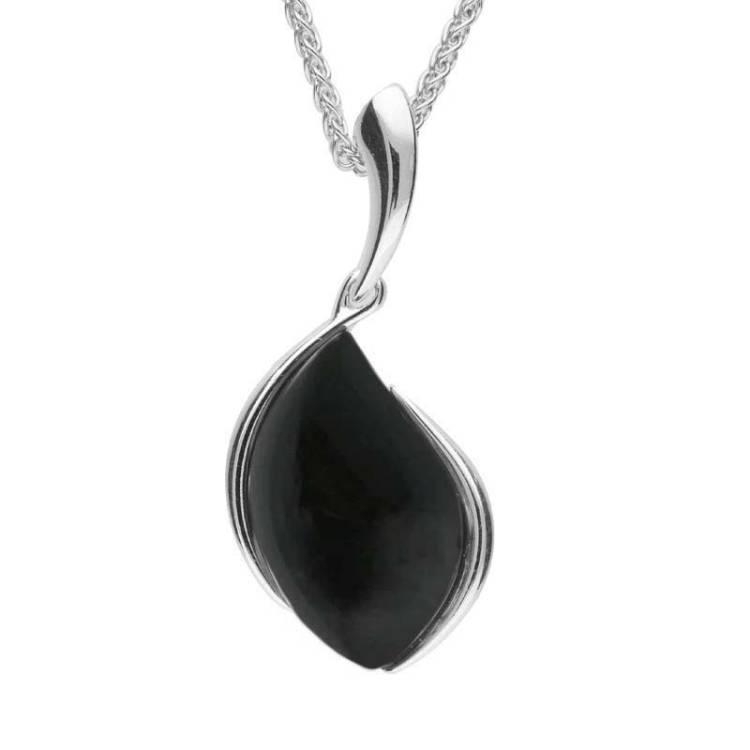 Sterling Silver Whitby Jet Curved Pear Necklace - Silver