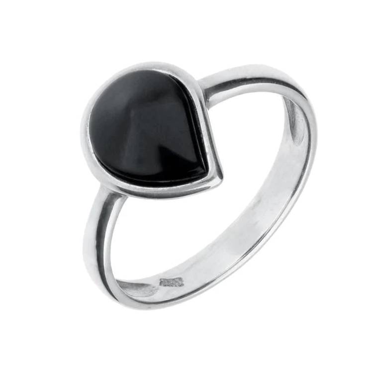 Sterling Silver Whitby Jet Curved Pear Ring - Silver