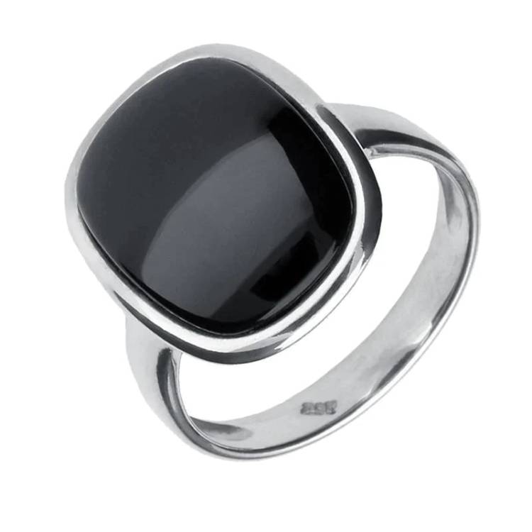 Sterling Silver Whitby Jet Curved Rectangle Ring - Silver