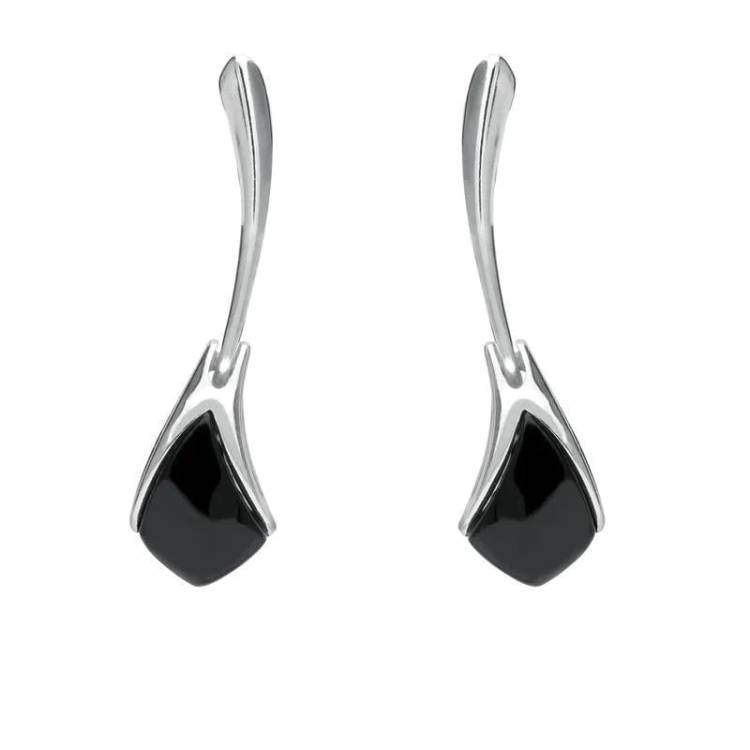 Sterling Silver Whitby Jet Curved Tapered Drop Earrings - Silver