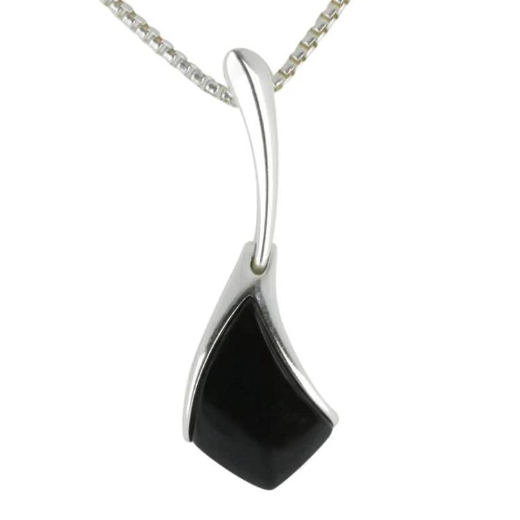 Sterling Silver Whitby Jet Curved Tapered Drop Necklace - Silver