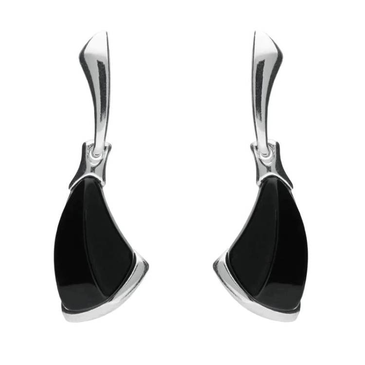 Sterling Silver Whitby Jet Curved Triangle Drop Earrings - Silver