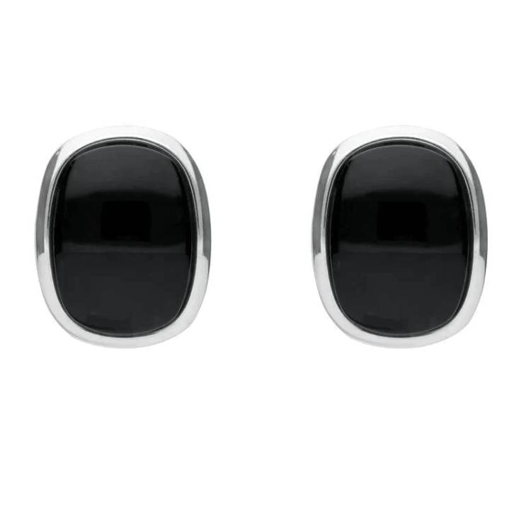 Sterling Silver Whitby Jet Curved Wide Oblong Stud Earrings. - Silver