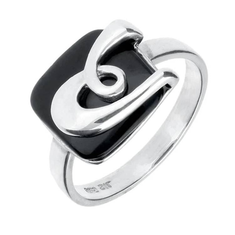 Sterling Silver Whitby Jet Cushion Pattern Ring - Silver
