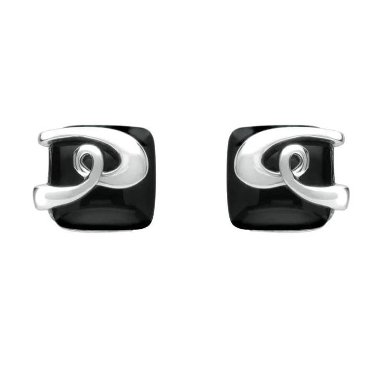 Sterling Silver Whitby Jet Cushion Pattern Stud Earrings - Silver