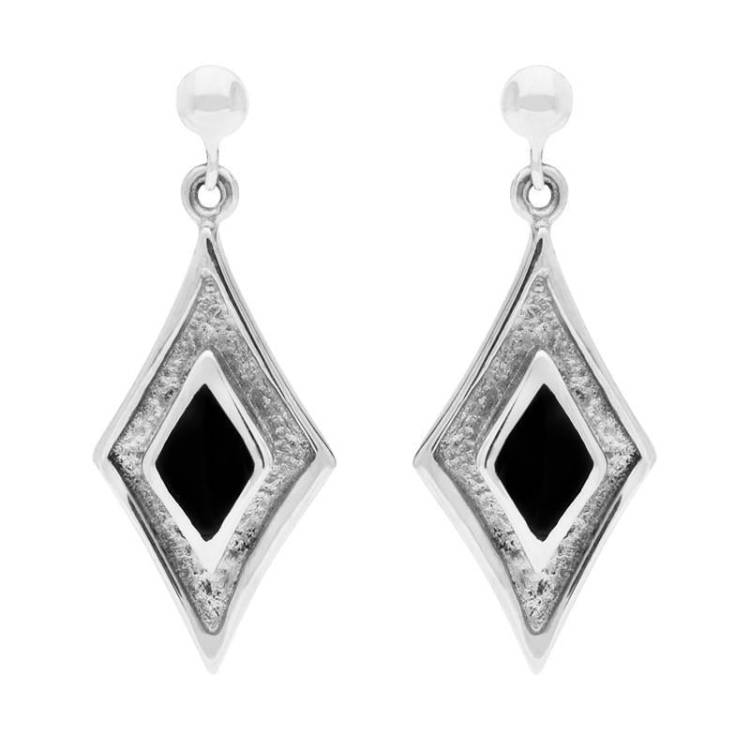 Sterling Silver Whitby Jet Diamond Shaped Drop Earrings - Silver
