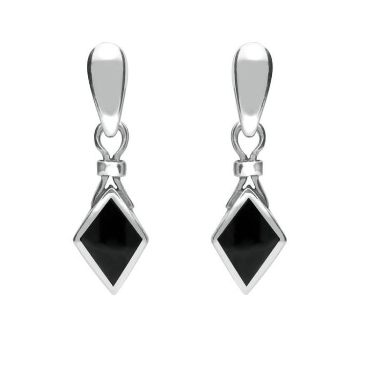 Sterling Silver Whitby Jet Dinky Diamond Shape Drop Earrings - Silver