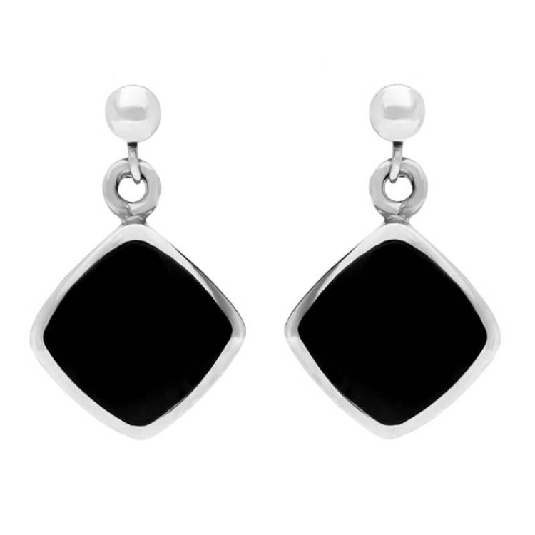 Sterling Silver Whitby Jet Cushion Drop Earrings - Silver