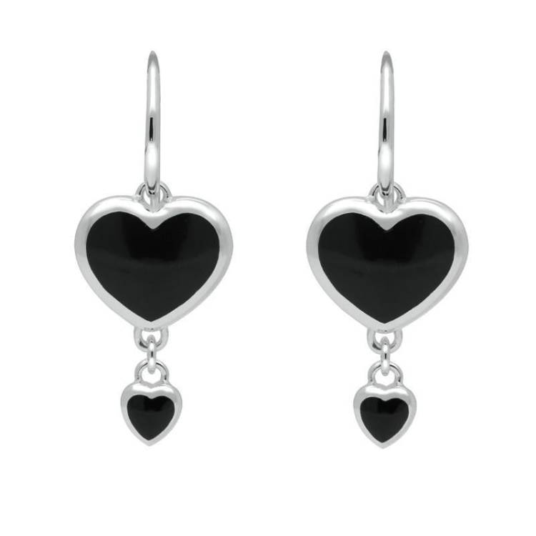 Sterling Silver Whitby Jet Double Heart Hook Earrings - Option1 Value Silver