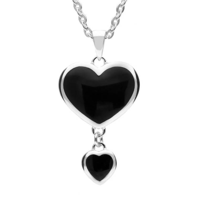 Sterling Silver Whitby Jet Double Heart Drop Necklace - Option1 Value Silver