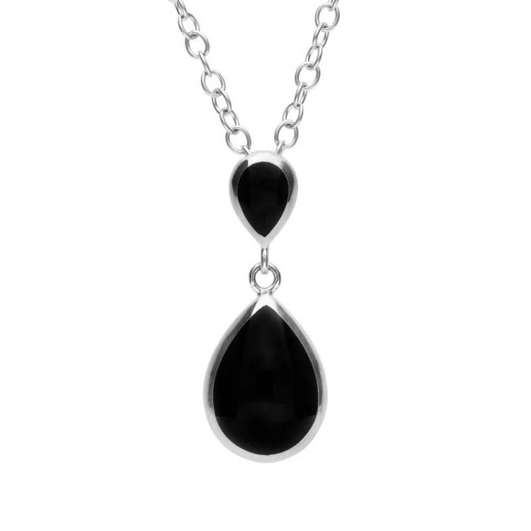 Sterling Silver Whitby Jet Double Pear Drop Necklace - Option1 Value Silver