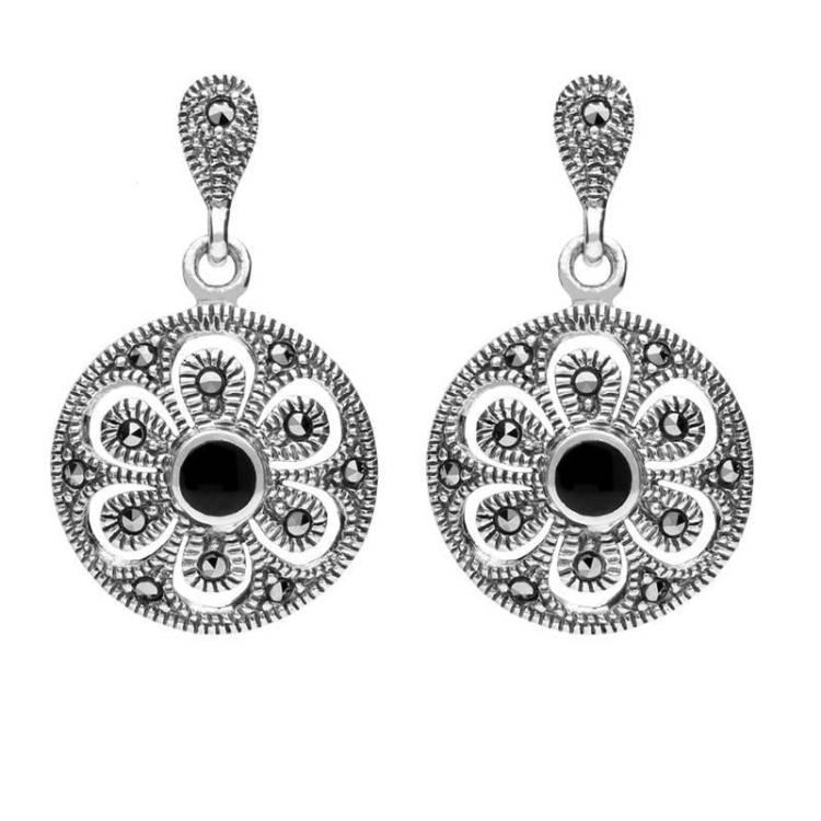 Sterling Silver Whitby Jet Art Deco Floral Marcasite Drop Earrings - Silver