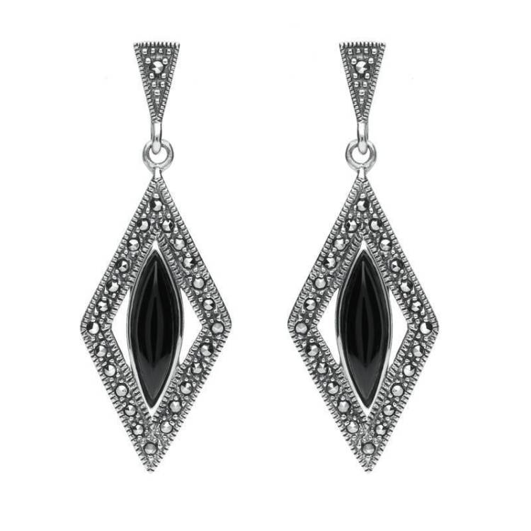Sterling Silver Whitby Jet Drop Marquise Marcasite Earrings - Silver