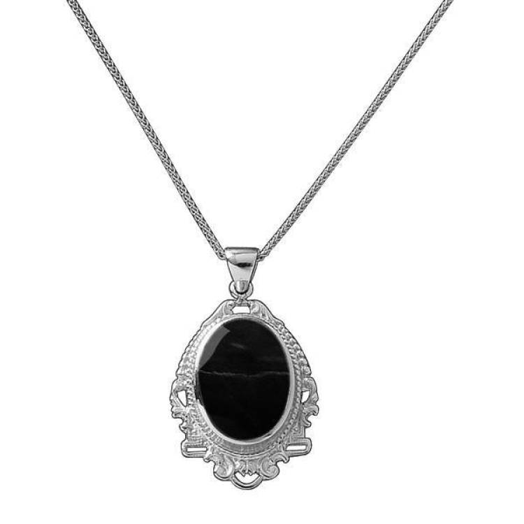 Sterling Silver Whitby Jet Edwardian Oval Drop Necklace - Silver