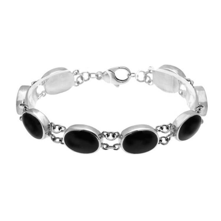 Sterling Silver Whitby Jet Eight Stone Oval Link Bracelet - Silver