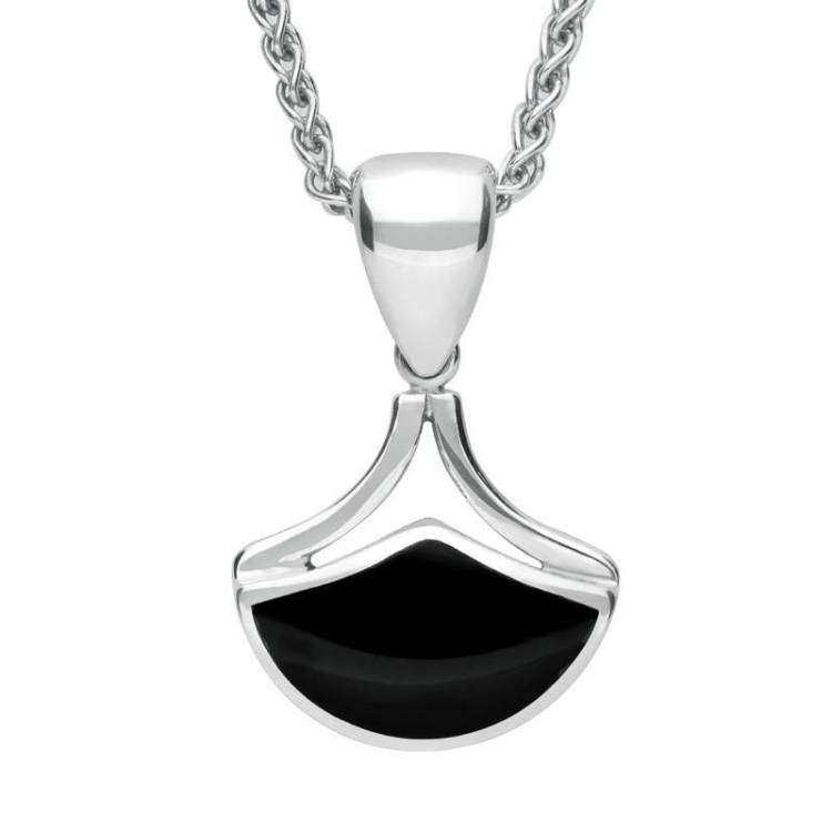 Sterling Silver Whitby Jet Fan Shaped Necklace - Silver