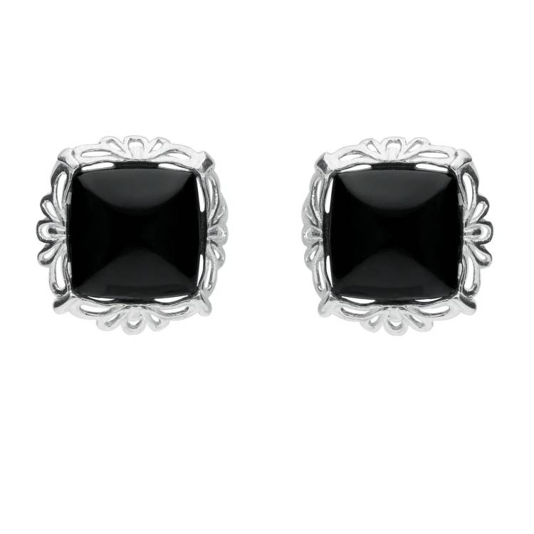 Sterling Silver Whitby Jet Fancy Cushion Stud Earrings - Silver