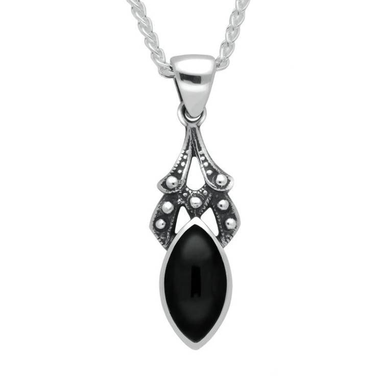 Sterling Silver Whitby Jet Marquise Drop Necklace - Silver