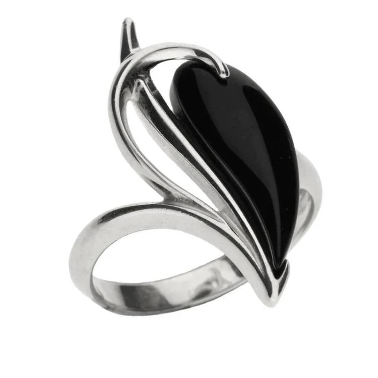 Sterling Silver Whitby Jet Fancy Pear Shaped Ring - Silver