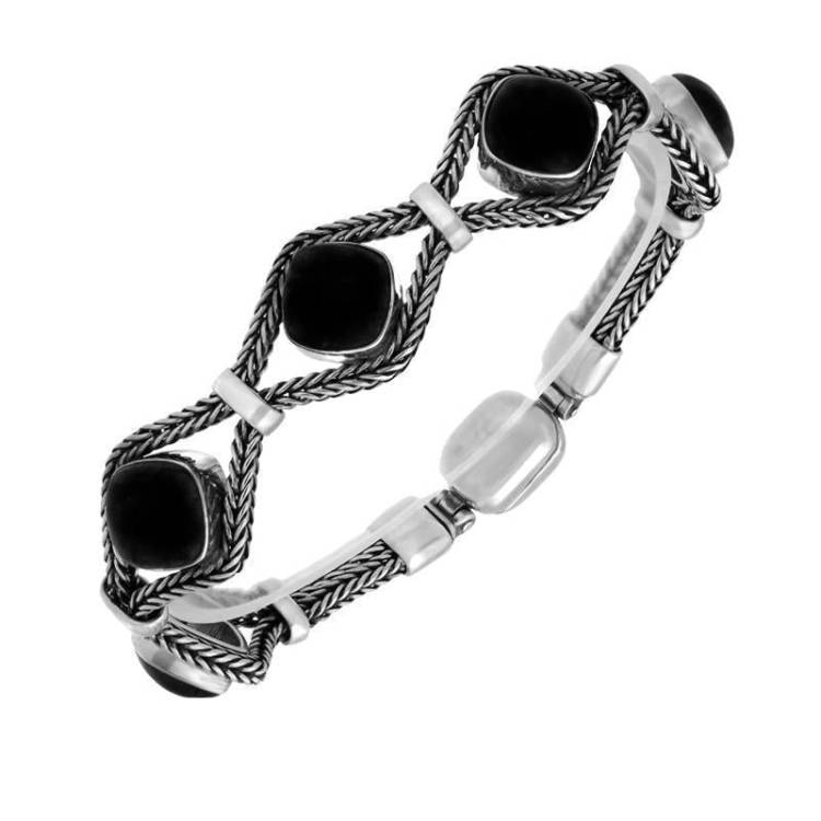 Sterling Silver Whitby Jet Five Stone Cushion Foxtail Bracelet - Silver