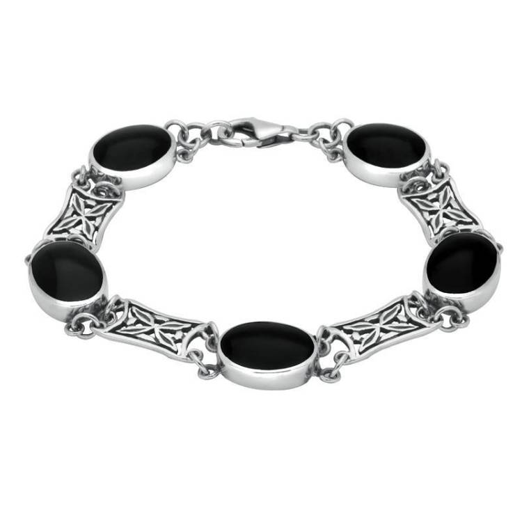 Sterling Silver Whitby Jet Five Stone Pierced Oval Bracelet - Silver
