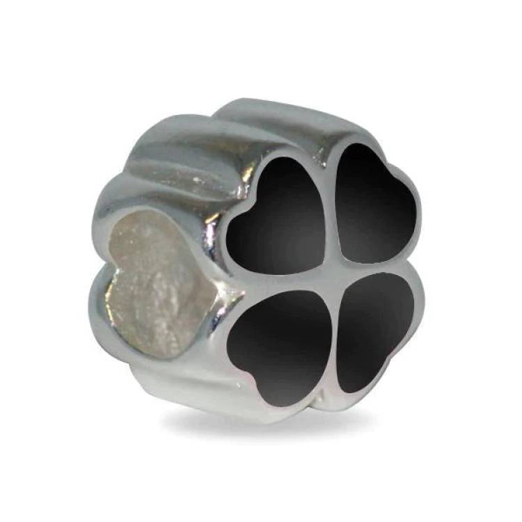 Sterling Silver Whitby Jet Four Leaf Clover Heart Charm - Silver