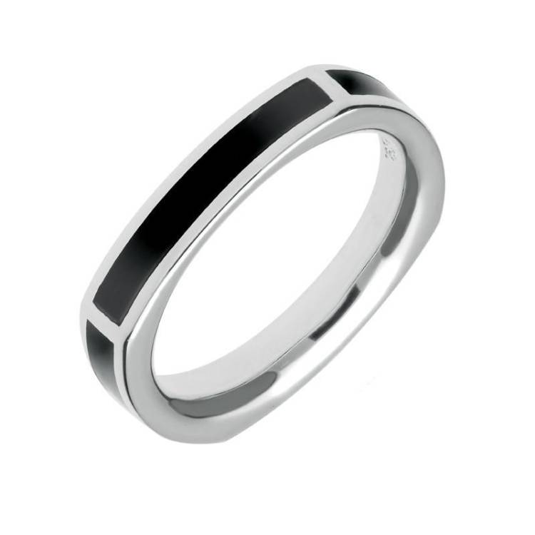 Sterling Silver Whitby Jet Four Stone Oblong Ring - Option1 Value Silver