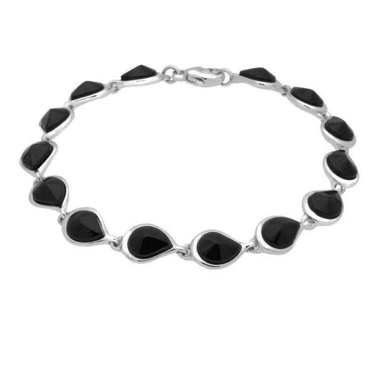 Sterling Silver Whitby Jet Fourteen Stone Offset Pear Bracelet - Option1 Value Silver