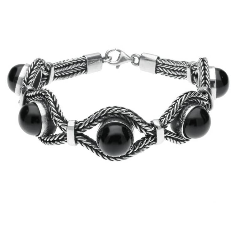 Sterling Silver Whitby Jet Foxtail Five Stone Bracelet - Silver