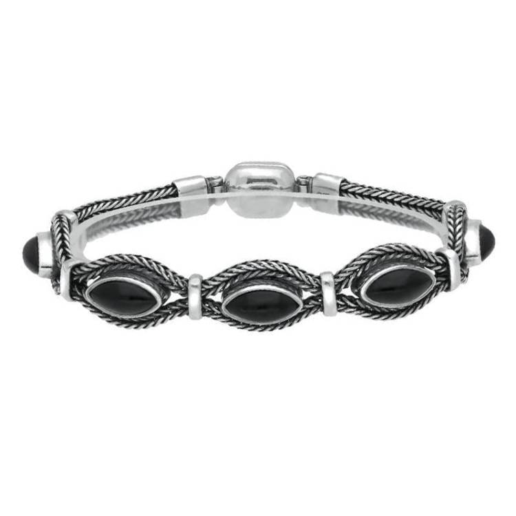 Sterling Silver Whitby Jet Foxtail Five Stone Marquise Bracelet - Option1 Value Silver