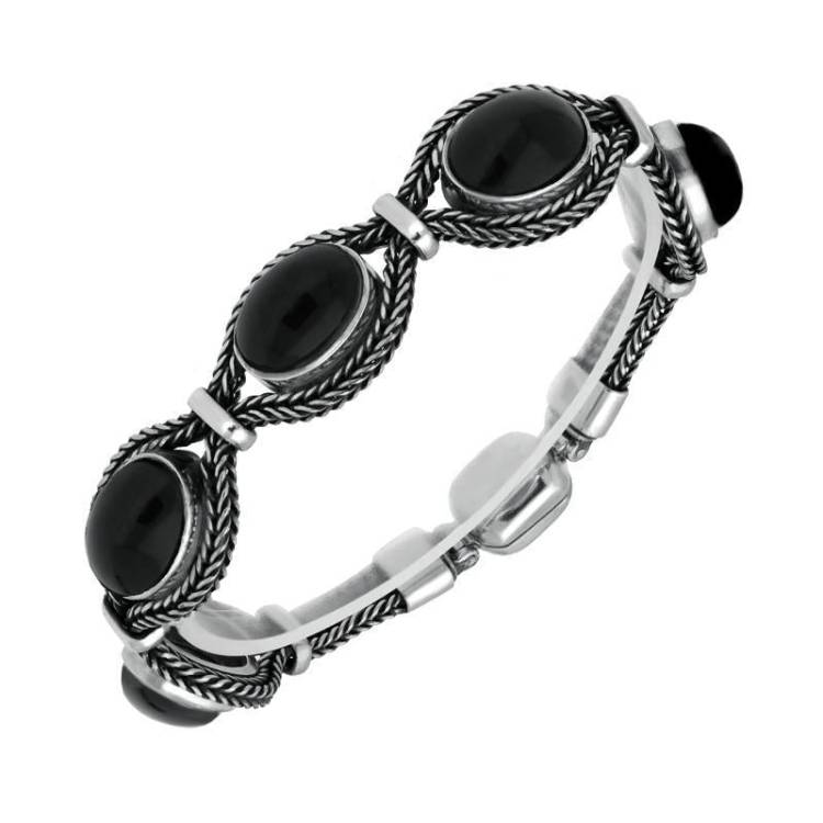 Sterling Silver Whitby Jet Foxtail Five Stone Oval Bracelet - Silver