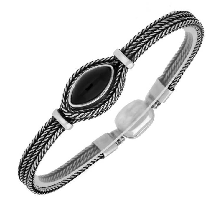 Sterling Silver Whitby Jet Foxtail Marquise Bracelet - Silver