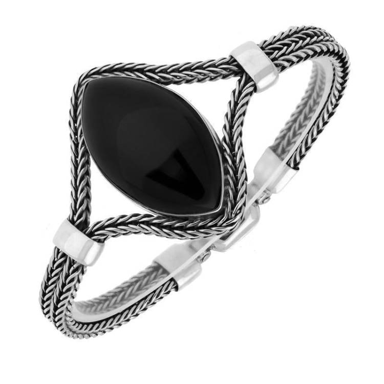 Sterling Silver Whitby Jet Foxtail Portrait Marquise Bracelet - Option1 Value Silver