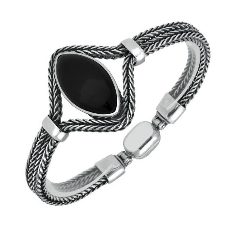 Sterling Silver Whitby Jet Foxtail Portrait Marquise Bracelet - Silver