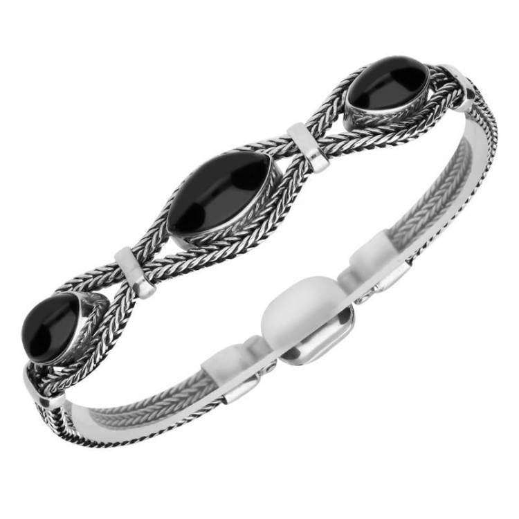 Sterling Silver Whitby Jet Foxtail Three Stone Marquise Bracelet - Option1 Value Silver