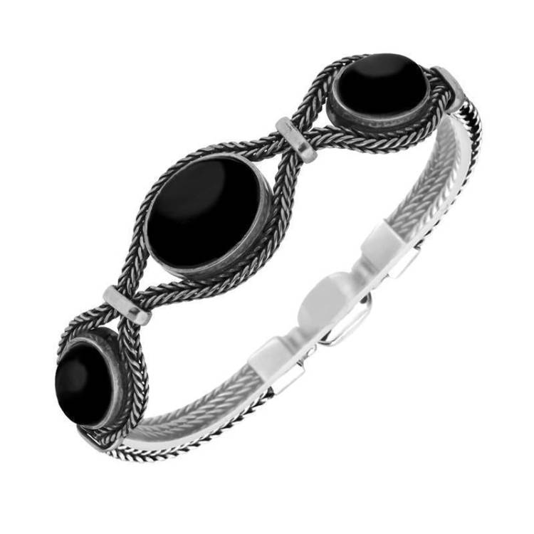 Sterling Silver Whitby Jet Foxtail Three Stone Oval Bracelet - Silver