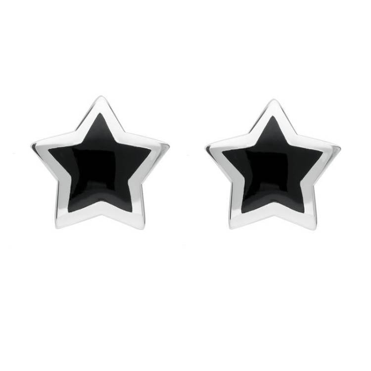 Sterling Silver Whitby Jet Framed Star Stud Earrings - Option1 Value Silver