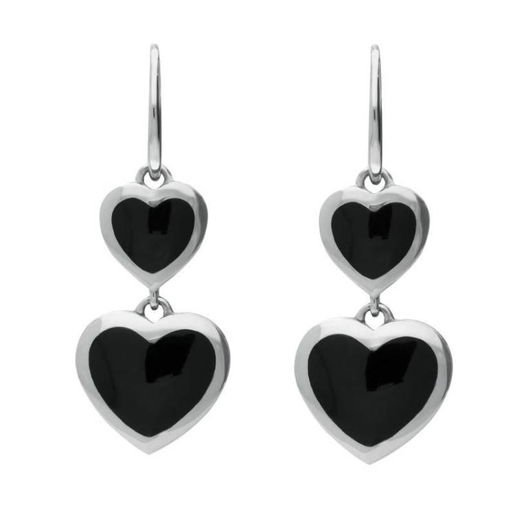 Sterling Silver Whitby Jet Eclipse Graduated Heart Hook Earrings - Silver