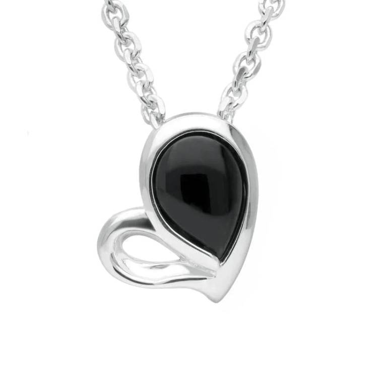 Sterling Silver Whitby Jet Half Filled Heart Necklace - Silver