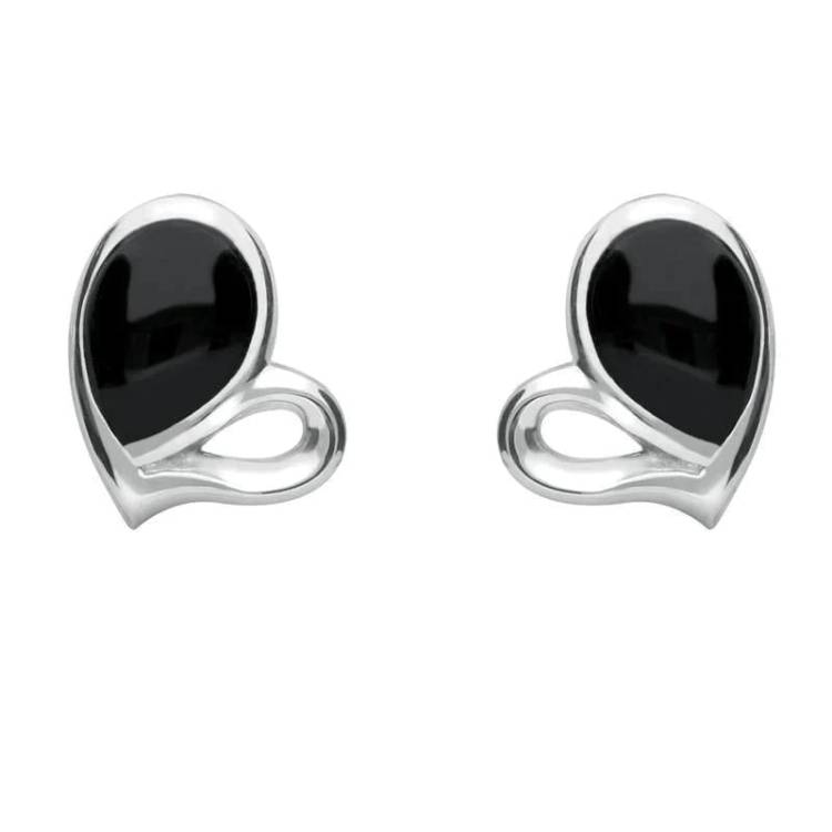 Sterling Silver Whitby Jet Half Filled Heart Stud Earrings - Silver
