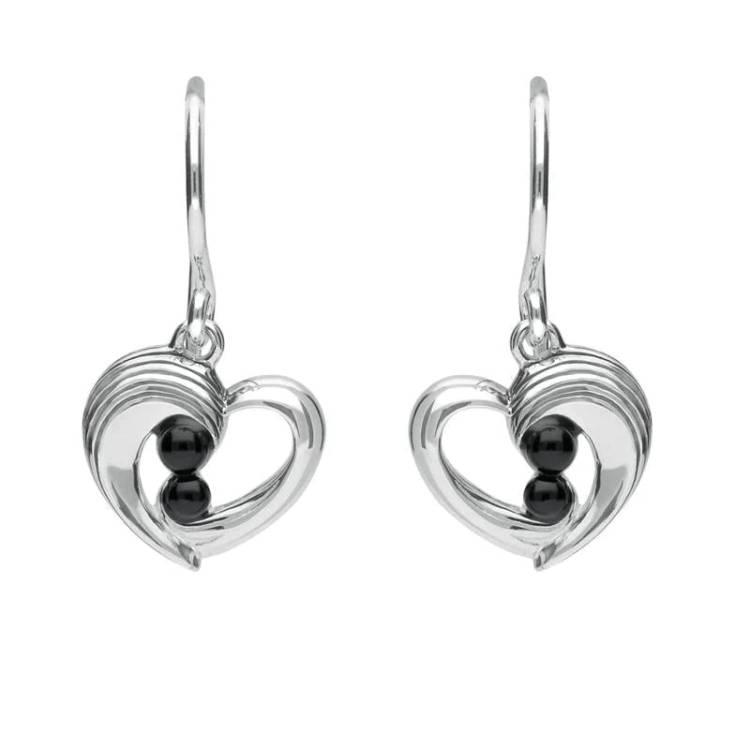 Sterling Silver Whitby Jet Half Ridge Stone Heart Drop Earrings - Silver
