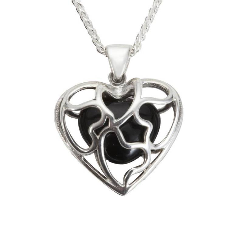 Sterling Silver Whitby Jet Heart Heritage Cage Necklace - Silver