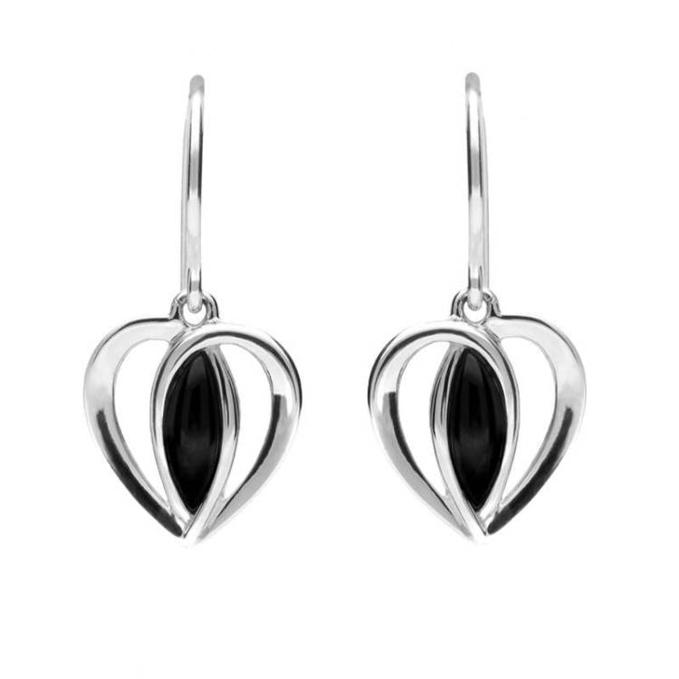 Sterling Silver Whitby Jet Heart Drop Earrings - Silver