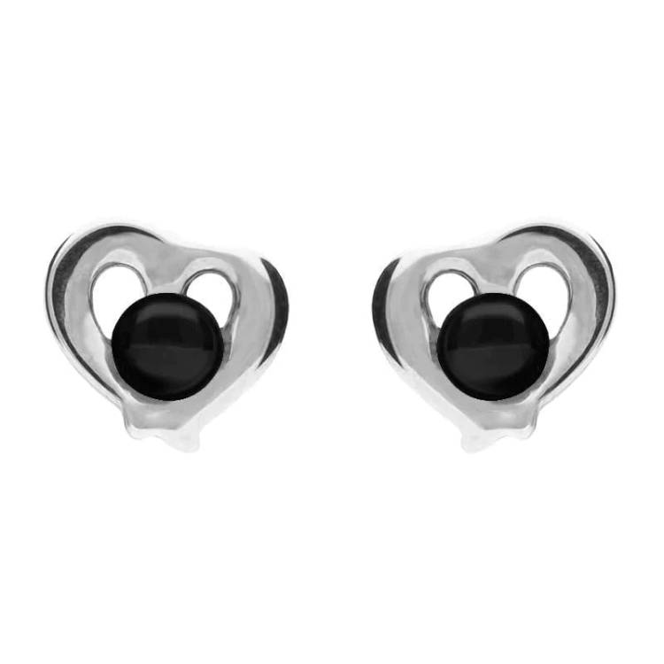 Sterling Silver Whitby Jet Heart Outline Stud Earrings - Silver